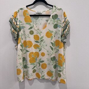 RACHEL ZOE Plus 2X Top Citrus Tropical Print Shirt Blouse Tunic Flutter Sleeve